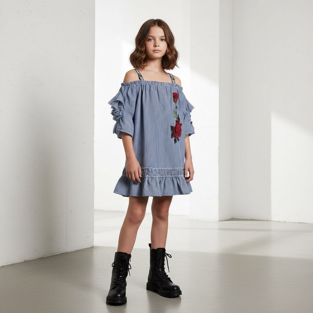 Hannah Banana Embroidered Rose Navy Blue Stripe OTS Ruffle Dress Girls 10